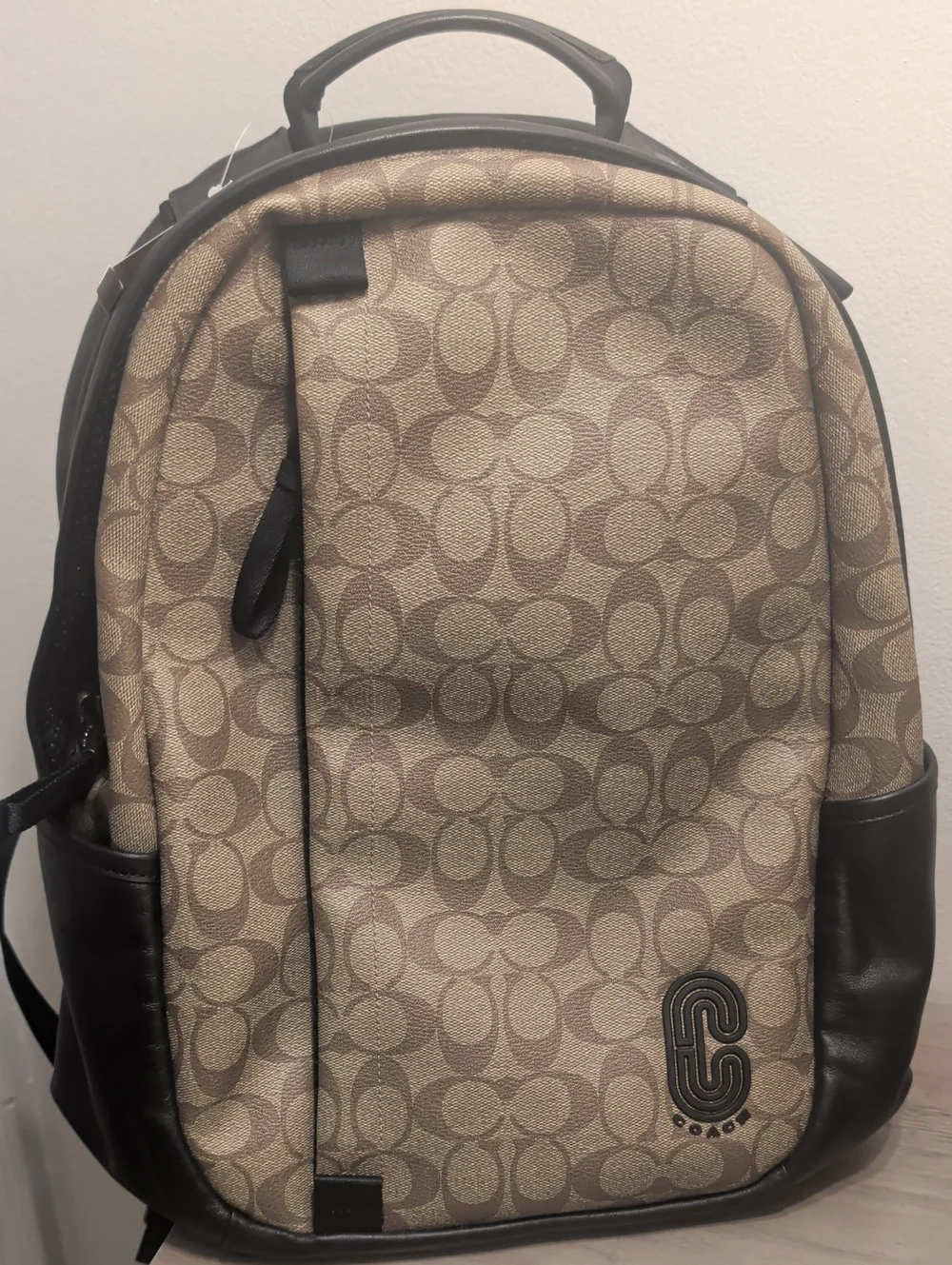Coach Men's Signature Canvas Backpack in Khaki and Chestnut Leather